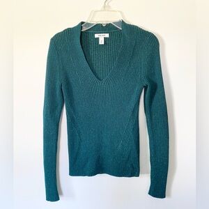 Festive Nine West Sparkly Green V-Neck Sweater XS
